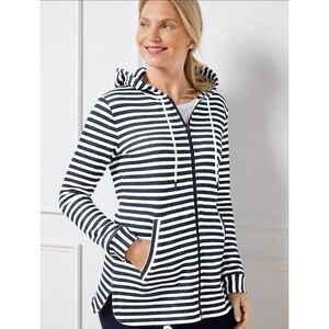 Talbots Vale Stripe Classic French Terry Hooded Jacket Blue White Beachy Size XS